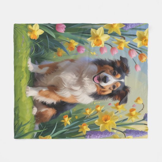 Rough Collie Dog Spring Bloemen Schilderen Fleece Deken (Voorkant (Horizontaal))