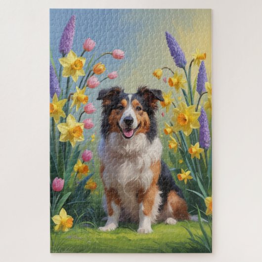 Rough Collie Dog Spring Bloemen Schilderen Legpuzzel (Verticaal)