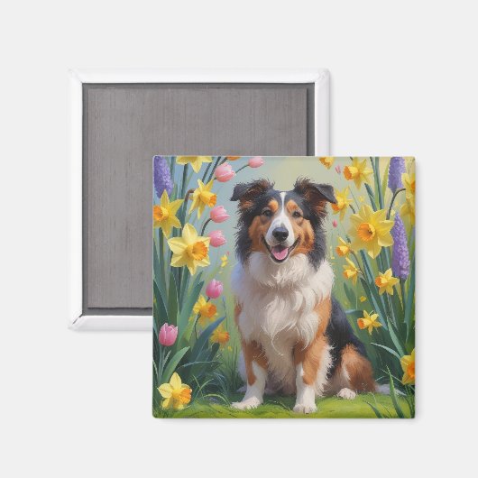 Rough Collie Dog Spring Bloemen Schilderen Magneet (Voorkant / Achterkant)