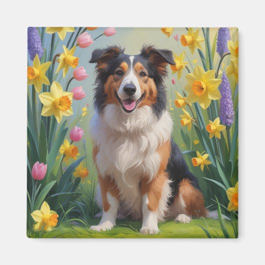 Rough Collie Dog Spring Bloemen Schilderen Magneet (Voorkant)