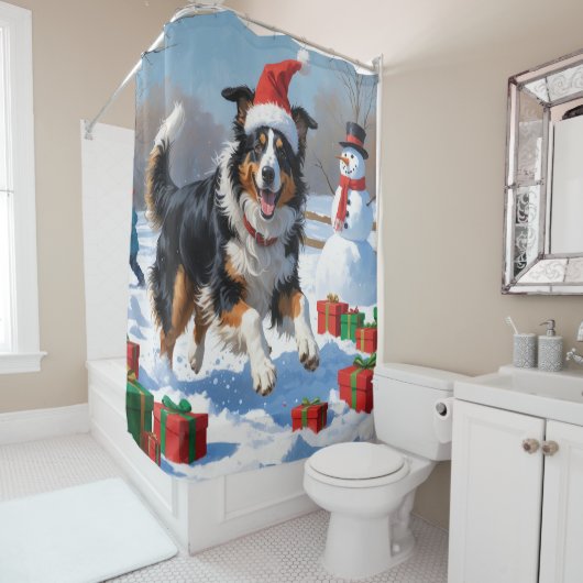Rough Collie Hardlopen in Sneeuw Met Kerst Pet Douchegordijn (In situ)