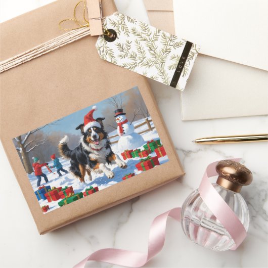 Rough Collie Hardlopen in Sneeuw Met Kerst Pet Rechthoekige Sticker (Geschenken)