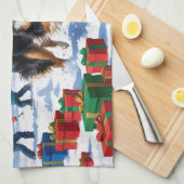 Rough Collie Hardlopen in Sneeuw Met Kerst Pet Theedoek (Quarter Fold)