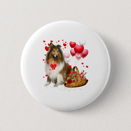 Rough Collie Heart Balloon Happy Valentine Day Dog Ronde Button 5,7 Cm (Voorkant)