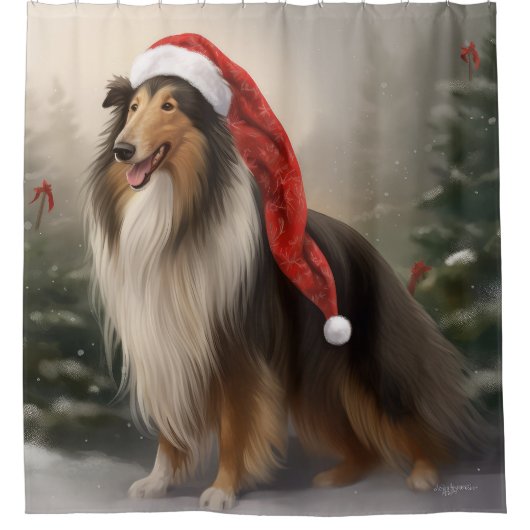 Rough Collie Hond in Sneeuw Kerstmis Douchegordijn (Voorkant)