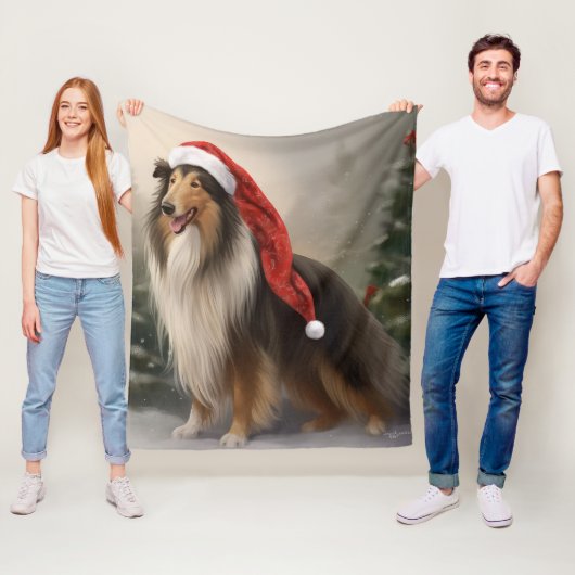 Rough Collie Hond in Sneeuw Kerstmis Fleece Deken (In situ)