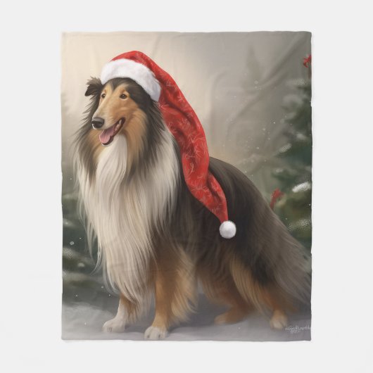 Rough Collie Hond in Sneeuw Kerstmis Fleece Deken (Voorkant)
