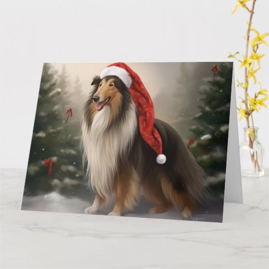 Rough Collie Hond in Sneeuw Kerstmis Kaart (Gele Bloem)