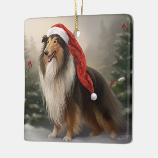Rough Collie Hond in Sneeuw Kerstmis Keramisch Ornament (Links)