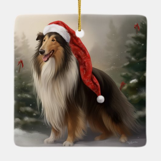 Rough Collie Hond in Sneeuw Kerstmis Keramisch Ornament (Achterkant)