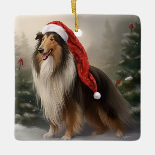 Rough Collie Hond in Sneeuw Kerstmis Keramisch Ornament (Voorkant)