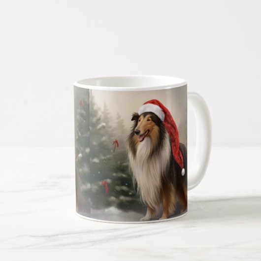 Rough Collie Hond in Sneeuw Kerstmis Koffiemok (Voorkant rechts)