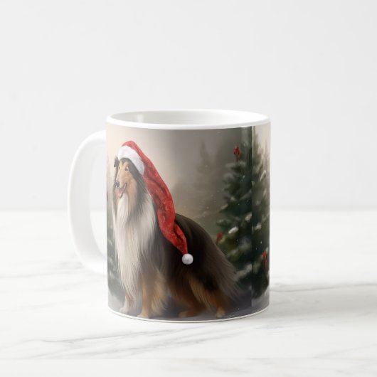 Rough Collie Hond in Sneeuw Kerstmis Koffiemok (Voorkant links)