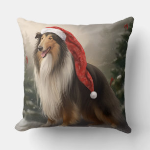 Rough Collie Hond in Sneeuw Kerstmis Kussen