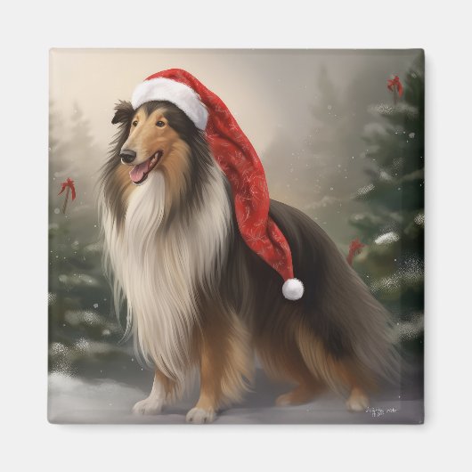 Rough Collie Hond in Sneeuw Kerstmis Magneet (Voorkant)