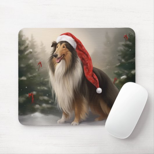 Rough Collie Hond in Sneeuw Kerstmis Muismat (Met muis)