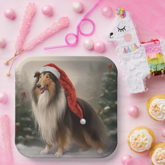 Rough Collie Hond in Sneeuw Kerstmis Papieren Bordje (Feest)