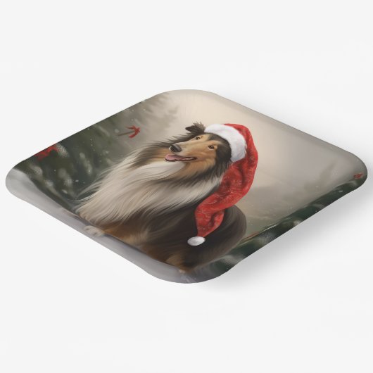 Rough Collie Hond in Sneeuw Kerstmis Papieren Bordje (Gebogen)