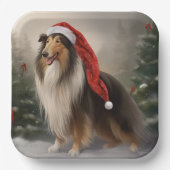 Rough Collie Hond in Sneeuw Kerstmis Papieren Bordje (Voorkant)