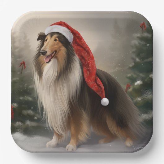 Rough Collie Hond in Sneeuw Kerstmis Papieren Bordje (Voorkant)