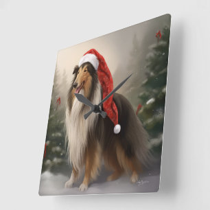 Rough Collie Hond in Sneeuw Kerstmis Vierkante Klok
