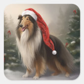 Rough Collie Hond in Sneeuw Kerstmis Vierkante Sticker (Voorkant)