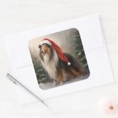 Rough Collie Hond in Sneeuw Kerstmis Vierkante Sticker (Envelop)