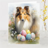Rough Collie Hond met Paaseieren Vakantie Kaart (Gele Bloem)