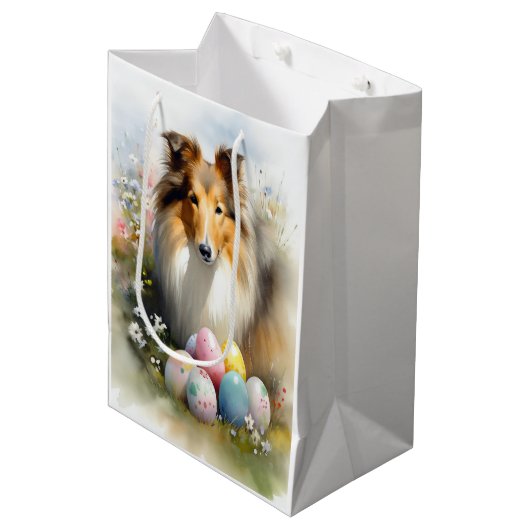 Rough Collie Hond met Paaseieren Vakantie Medium Cadeauzakje (Voorkant Gekanteld)