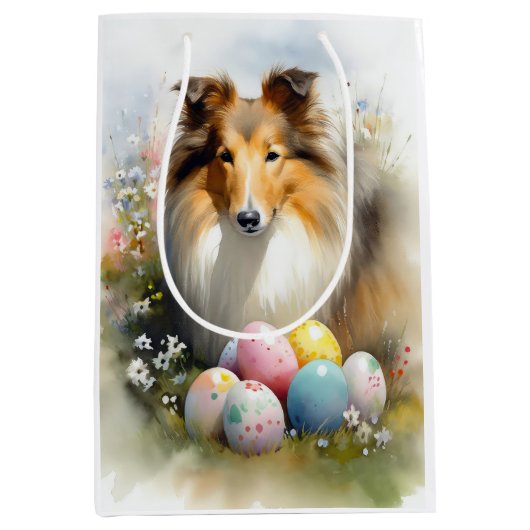 Rough Collie Hond met Paaseieren Vakantie Medium Cadeauzakje (Voorkant)