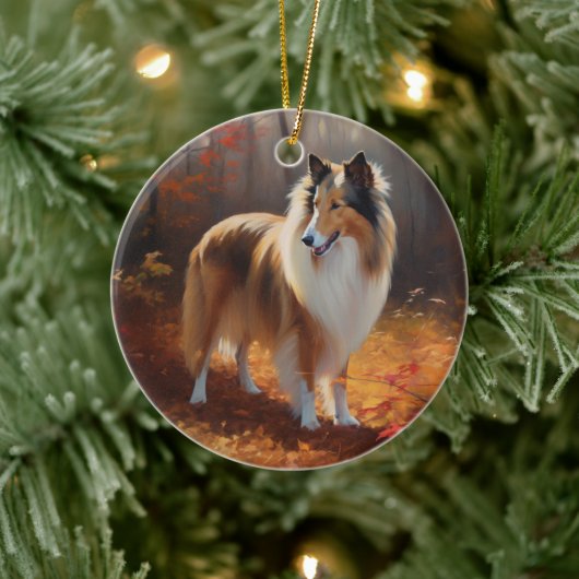 Rough Collie in Autumn Leaves Herfst Inspire Keramisch Ornament (Boom)