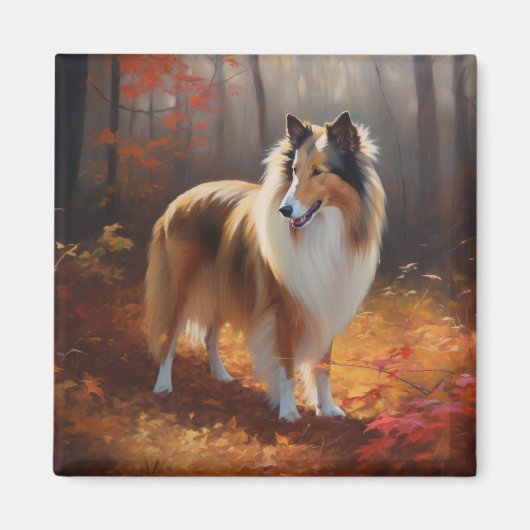 Rough Collie in Autumn Leaves Herfst Inspire Magneet (Voorkant)