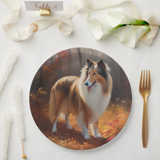 Rough Collie in Autumn Leaves Herfst Inspire Papieren Bordje (Huwelijk)