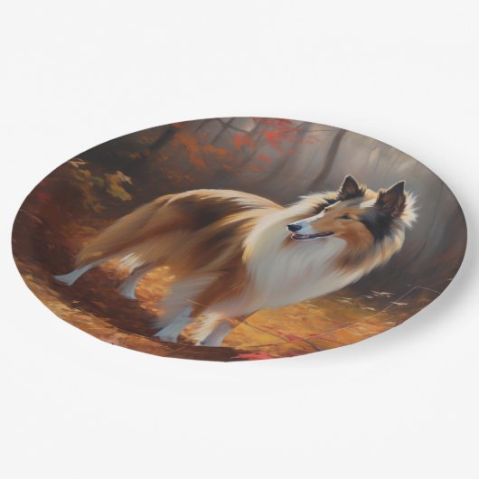 Rough Collie in Autumn Leaves Herfst Inspire Papieren Bordje (Gekanteld)
