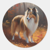 Rough Collie in Autumn Leaves Herfst Inspire Ronde Sticker (Voorkant)