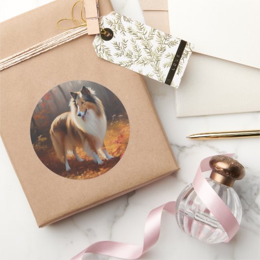Rough Collie in Autumn Leaves Herfst Inspire Ronde Sticker (Geschenken)