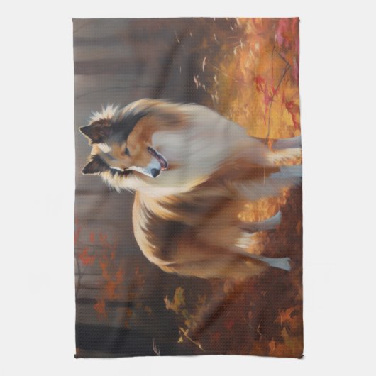 Rough Collie in Autumn Leaves Herfst Inspire Theedoek (Verticaal)