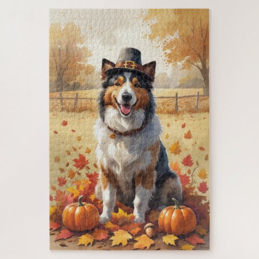 Rough Collie in Autumn verlaat Thanksgiving Legpuzzel (Verticaal)