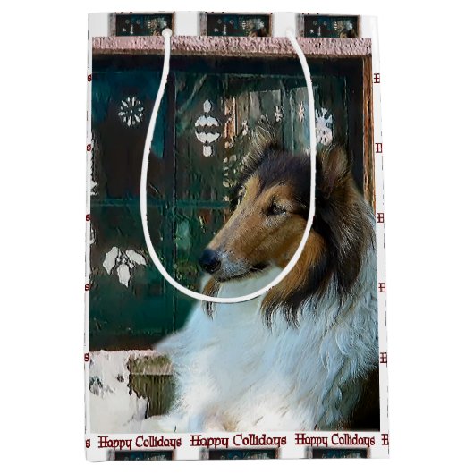 Rough Collie Kerstmis Medium Cadeauzakje (Voorkant)