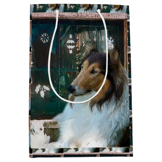 Rough Collie Kerstmis Medium Cadeauzakje (Voorkant)