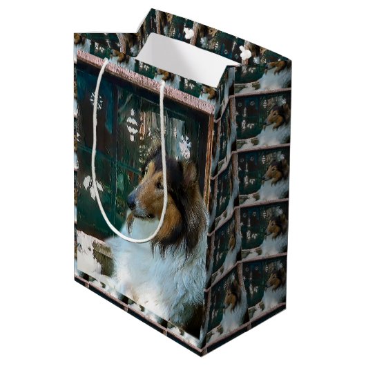 Rough Collie Kerstmis Medium Cadeauzakje (Achterkant Gekanteld)