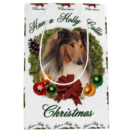 Rough Collie Kerstmis Medium Cadeauzakje (Voorkant)