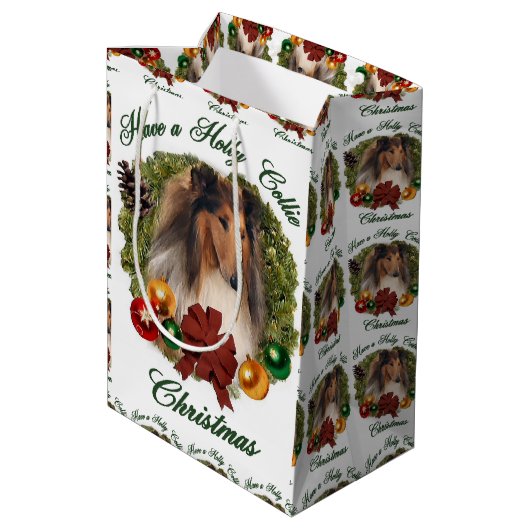Rough Collie Kerstmis Medium Cadeauzakje (Achterkant Gekanteld)