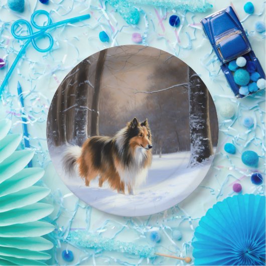 Rough Collie liet het sneeuwen Kerstmis Papieren Bordje (Feest)