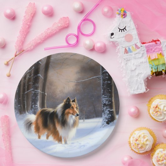 Rough Collie liet het sneeuwen Kerstmis Papieren Bordje (Feest)