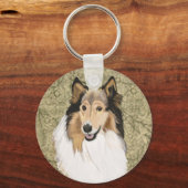 Rough Collie on a Brown Floral background Sleutelhanger (Voorkant)
