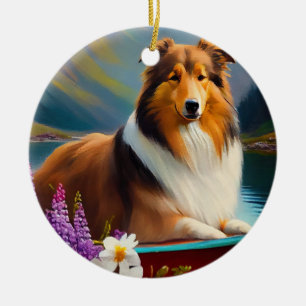 Rough Collie op een Peddel: Een Schitterend Avontu Keramisch Ornament