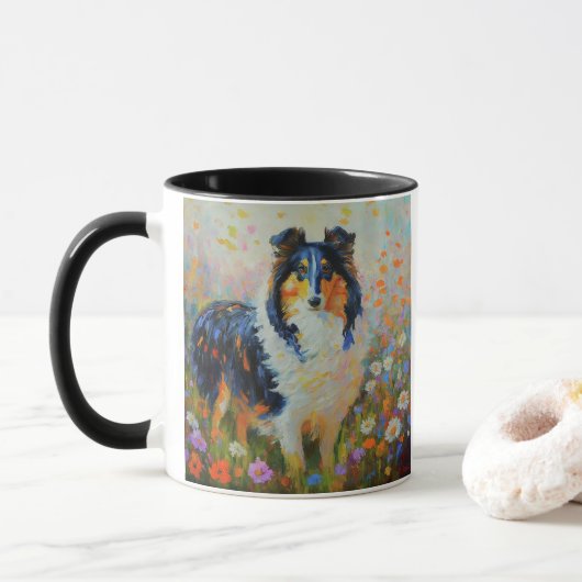 Rough Collie op het gebied van bloemen - impressio Mok (Met donut)