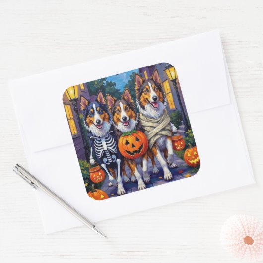 Rough Collie Trick-or-Treating Halloween Costumes Vierkante Sticker (Envelop)
