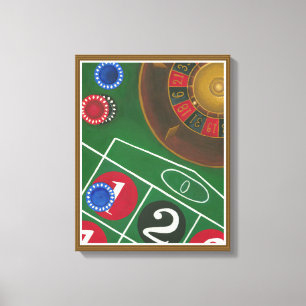 Roulette-tabel met chips en wiel canvas afdruk